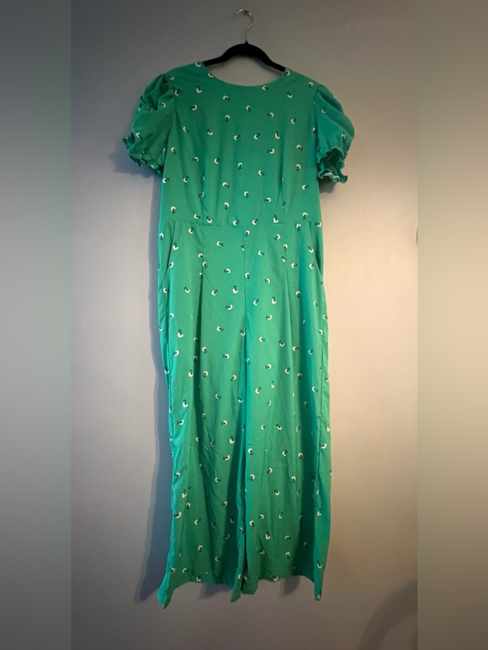 Riley & Rae Green Puff Sleeve Maxi Dress with Small White Print